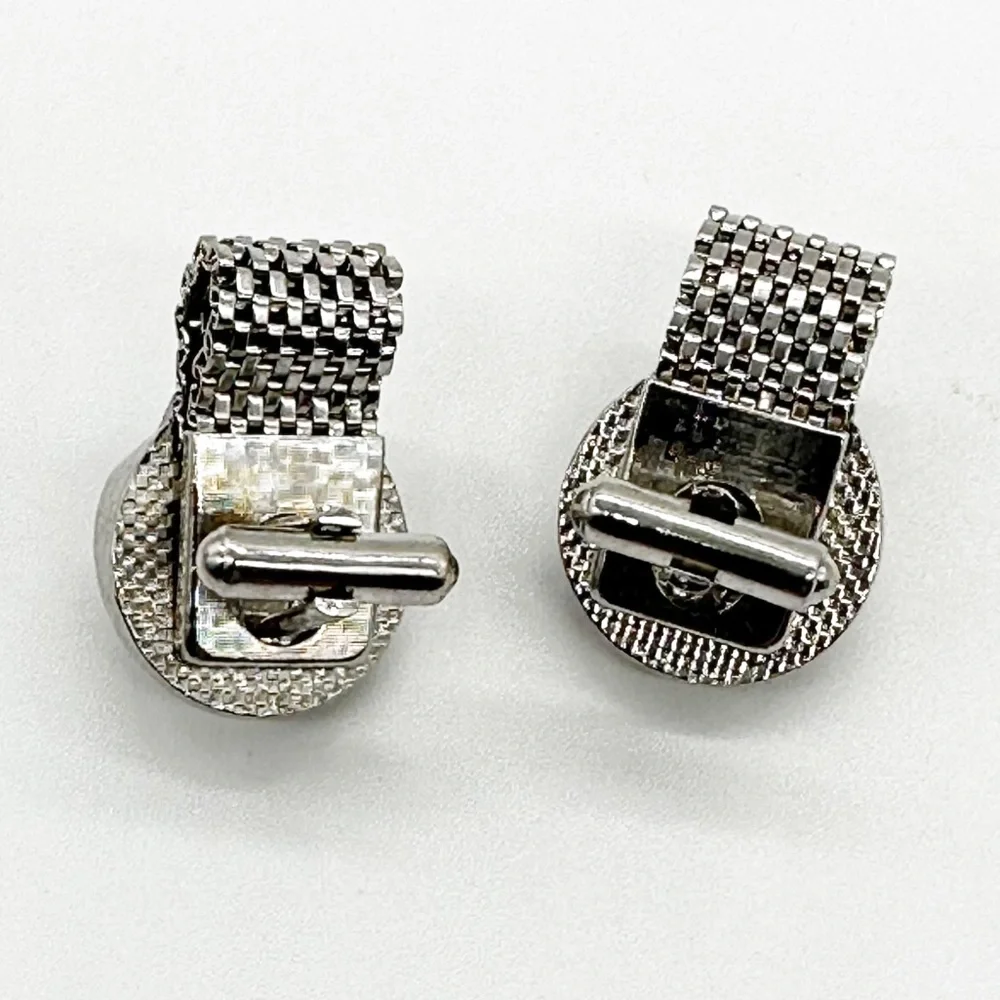 Vintage Mesh Brushed Silver Tone Red Jeweled Cufflinks